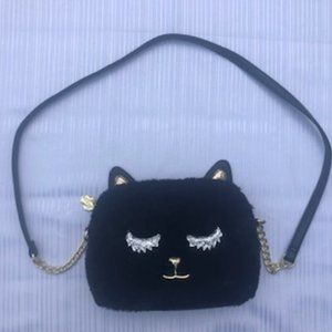 Betsey Johnson Black Fur Cat Crossbody purse